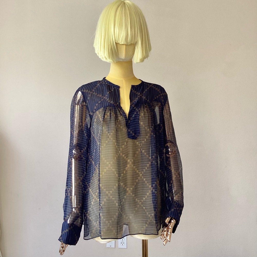 Etoile Isabel Marant Blue Sheer Blouse with Mandarin Collar - Picture 1 of 7